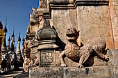 Elaborate figures carved in stucco decorate the ancient stupas, Kakku Buddhist Ruins. Shan State in Myanmar (Burma).